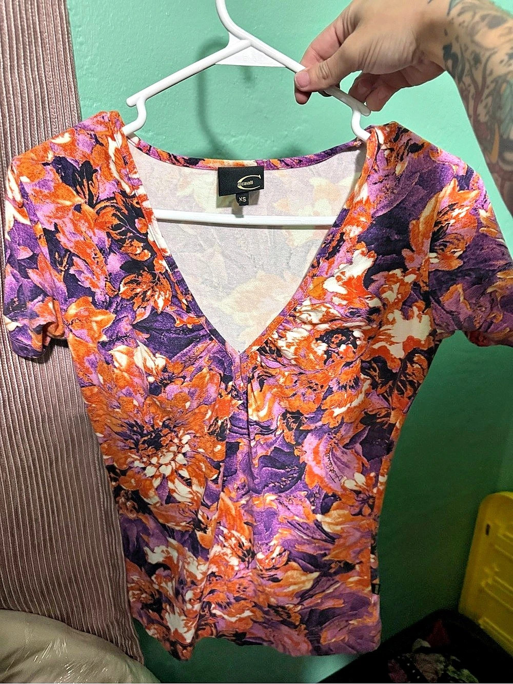 Just Cavalli Floral Short Sleeve Blouse in Purple & Orange Size